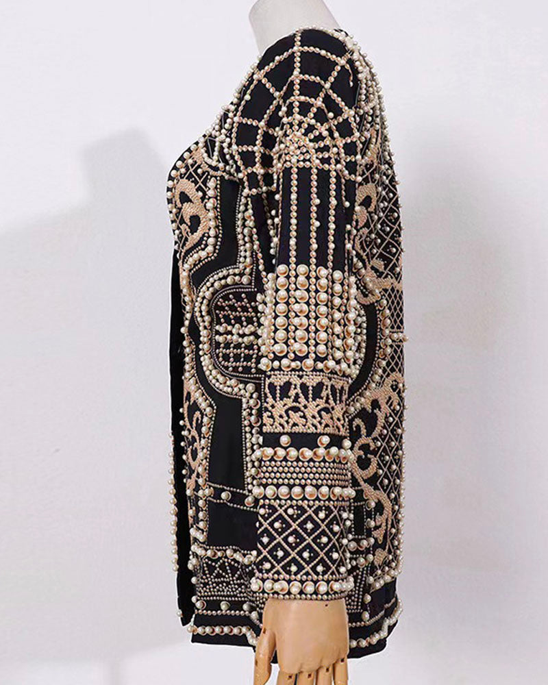 Gold-tone pearl-embellished blazer mini dress, back product view