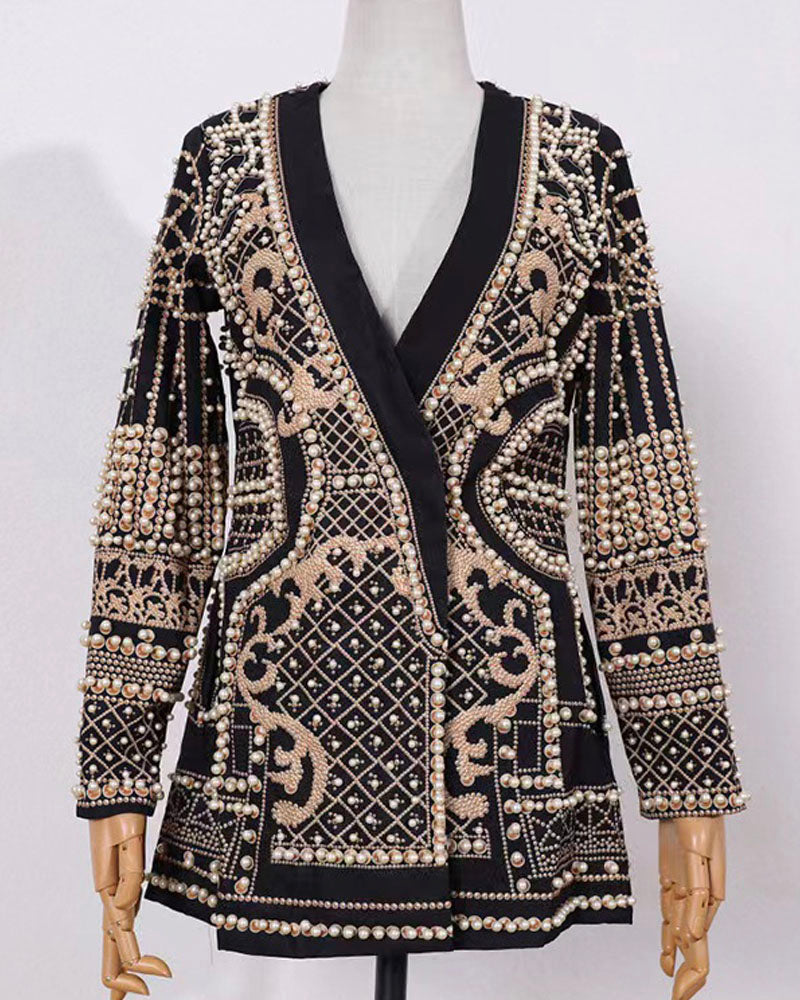 Gold-tone pearl-embellished blazer mini dress, full front product view
