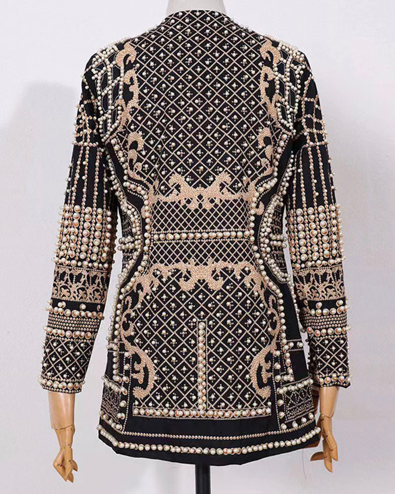 Gold-tone pearl-embellished blazer mini dress on mannequin, back view