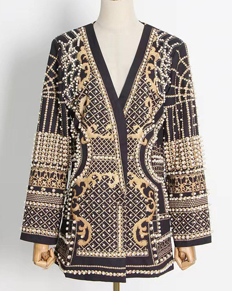 Gold-tone pearl-embellished blazer mini dress on mannequin, front view