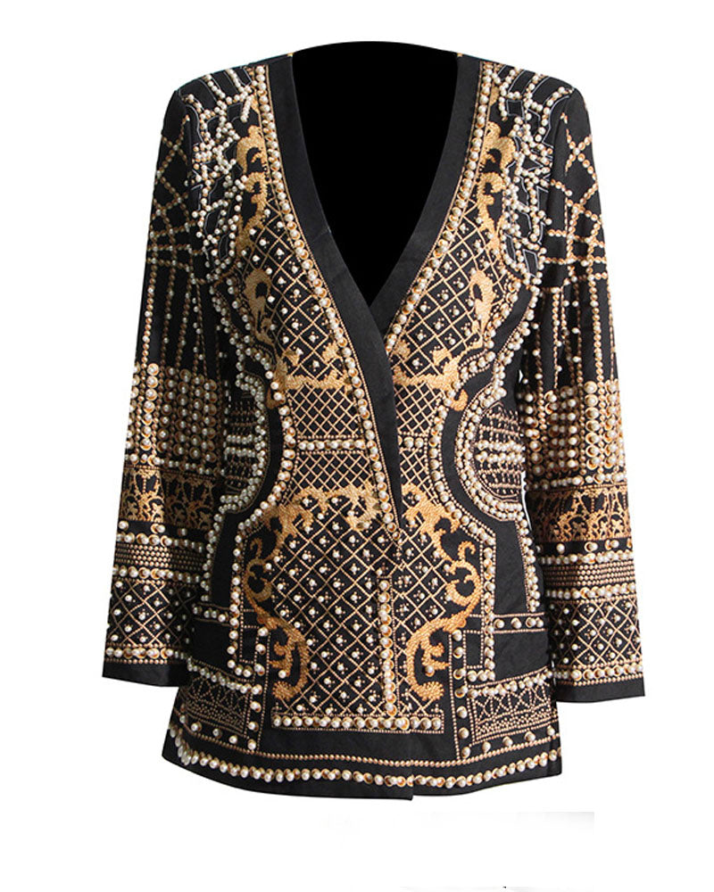Gold-tone pearl-embellished blazer mini dress, product front view