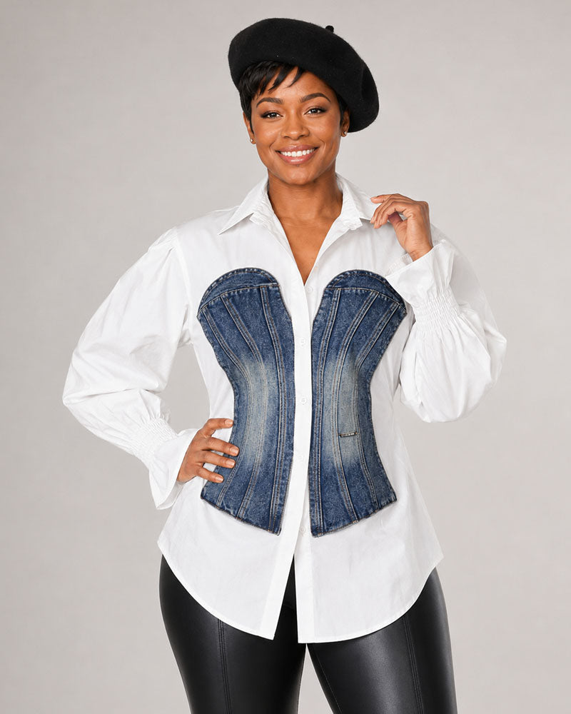 White shirt with blue denim corset panel, front view