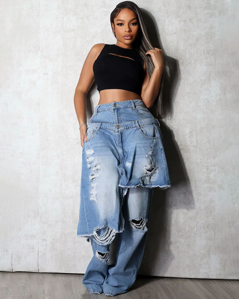 Double Line Wide-Leg Denim Jeans