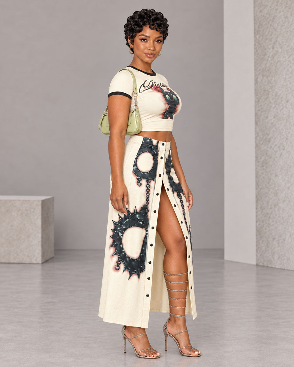 Graphic crop top and slit maxi skirt set, side view