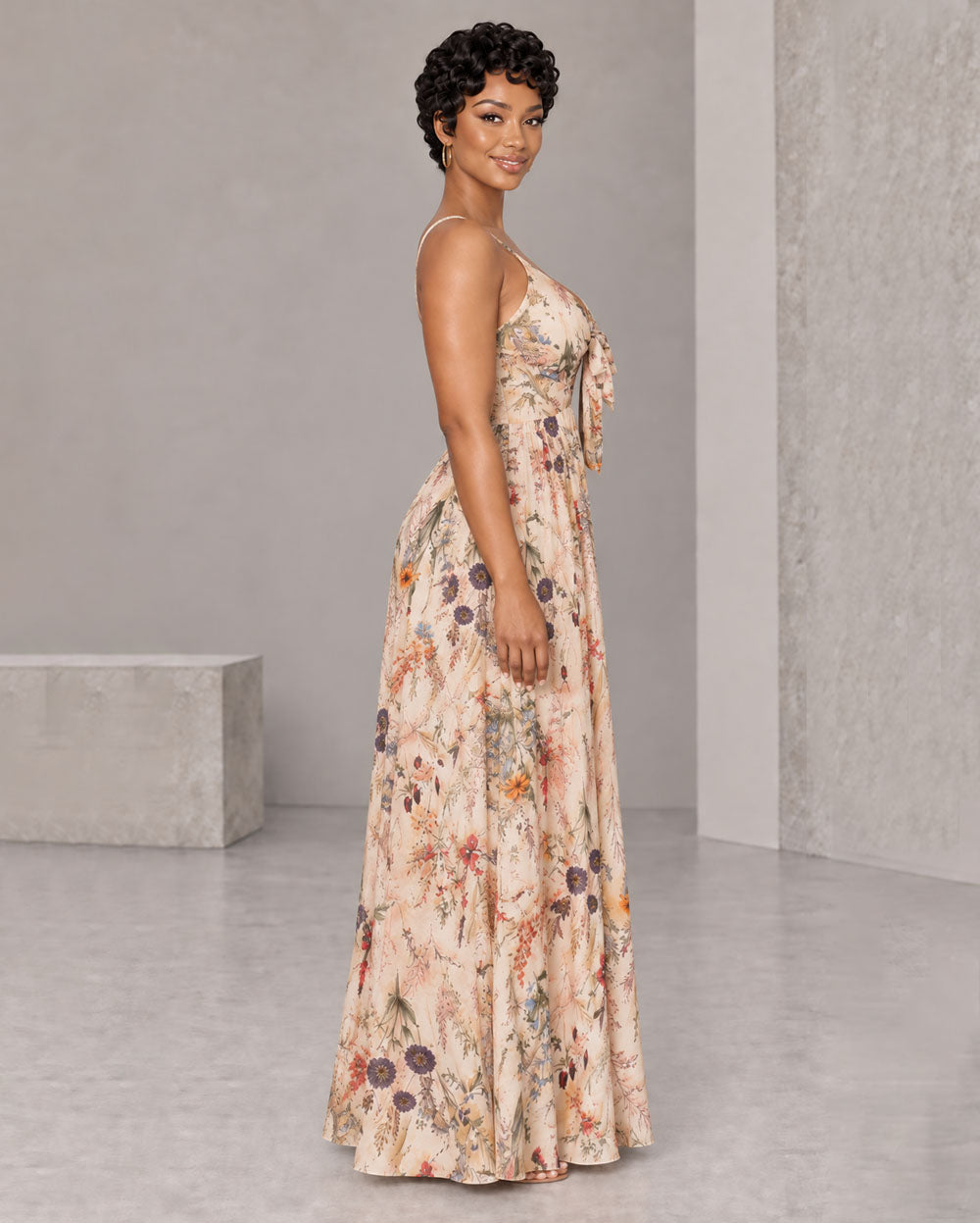 Floral adjustable-strap maxi dress, side view