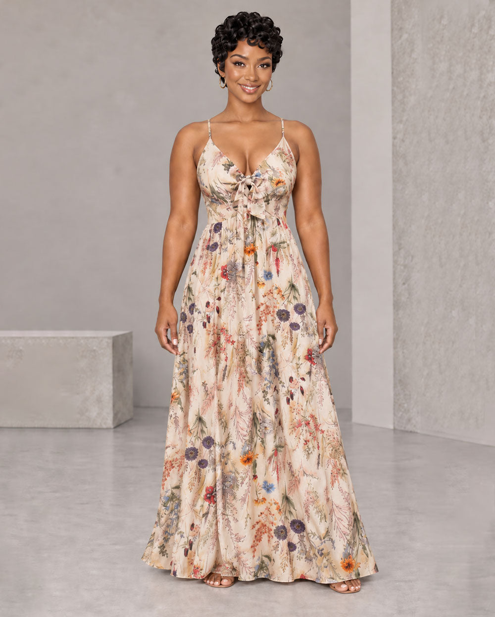 Floral adjustable-strap maxi dress, front view