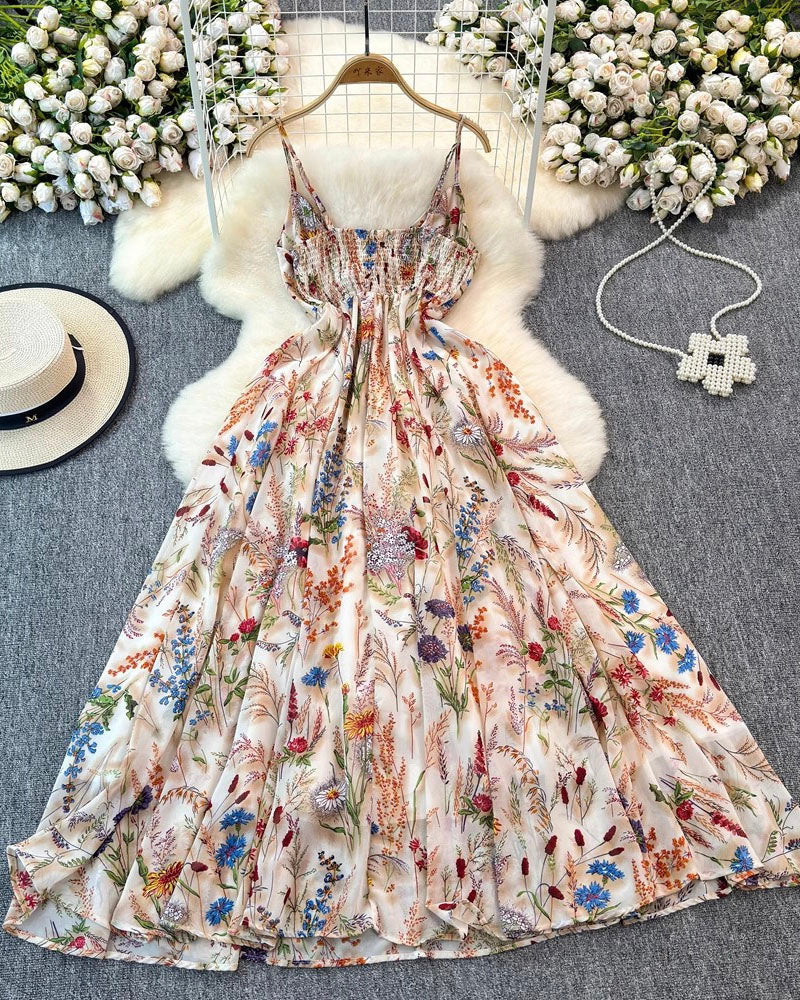 Floral adjustable-strap maxi dress laid flat, close view