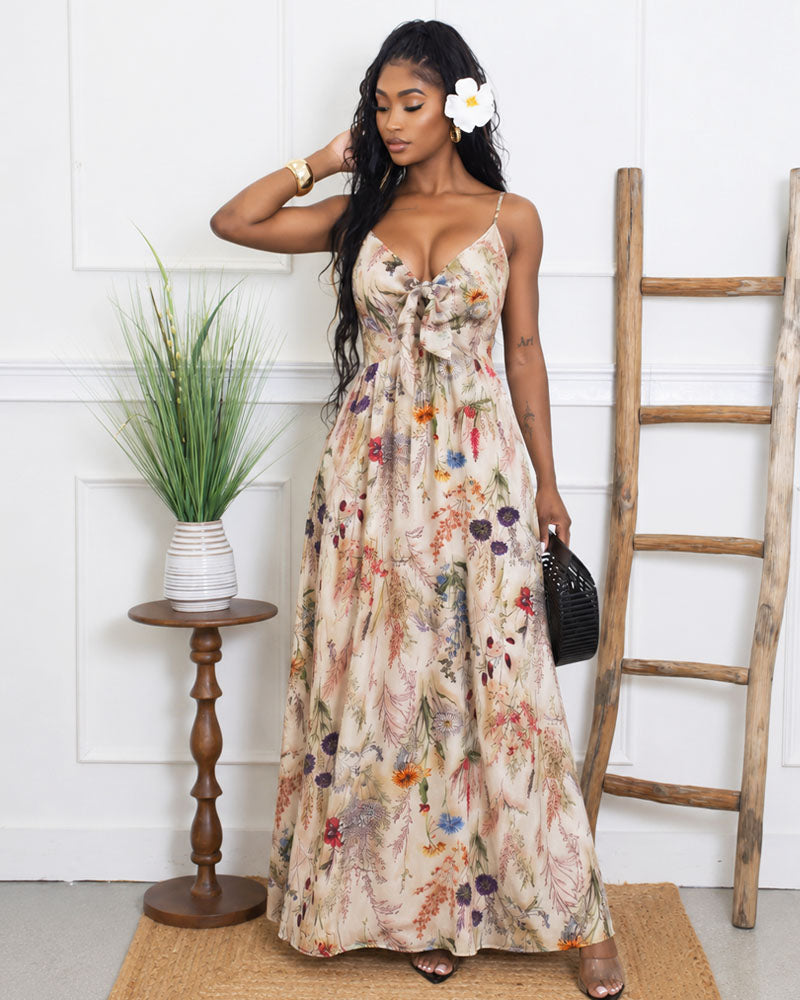 Floral adjustable-strap maxi dress styled on model