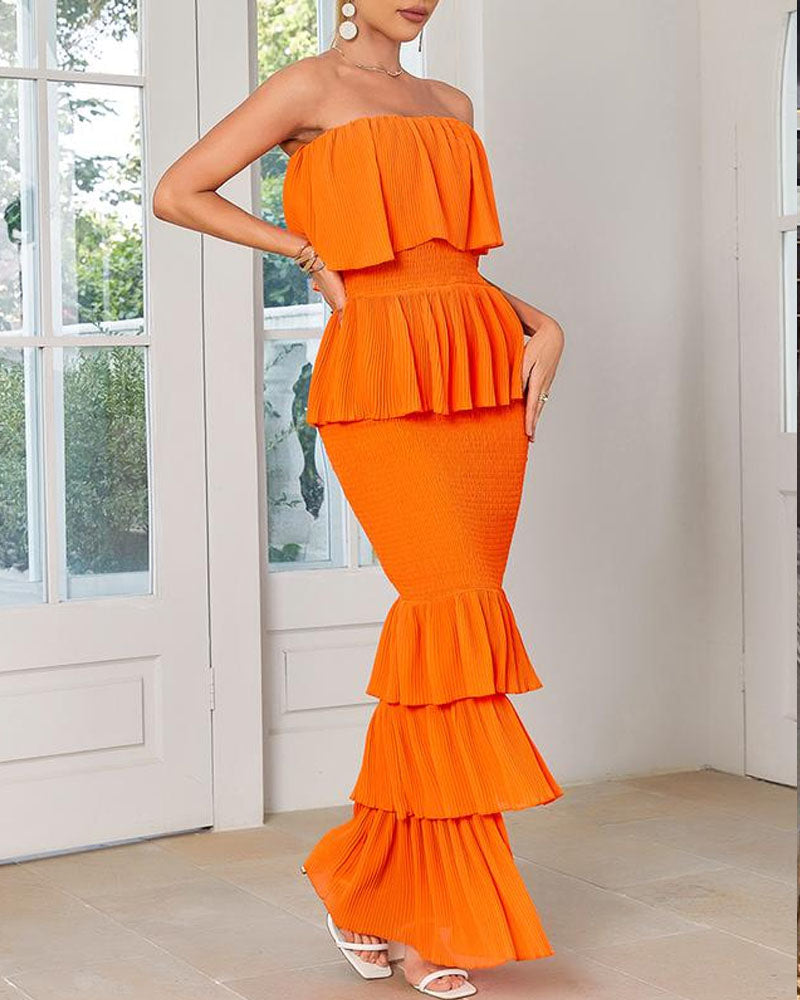 Orange ruffle strapless tube maxi dress, side view