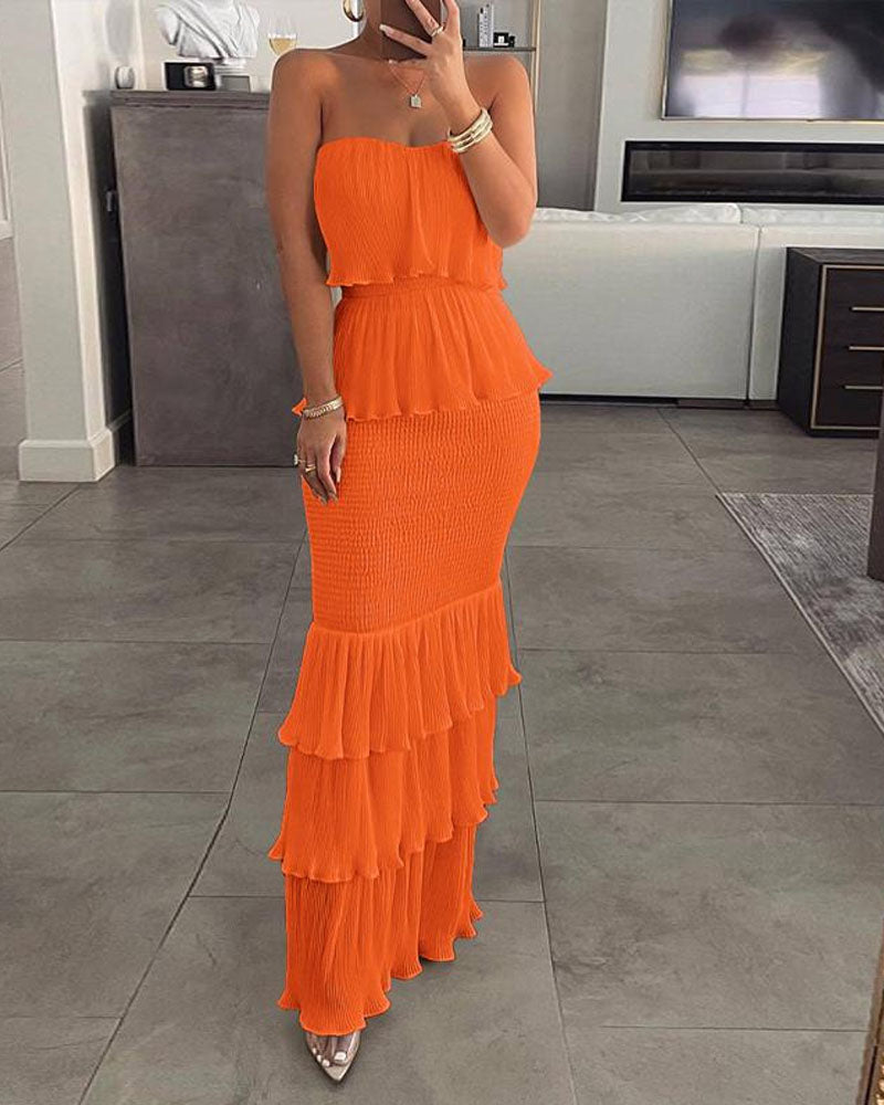 Orange ruffle strapless tube maxi dress, three-quarter view