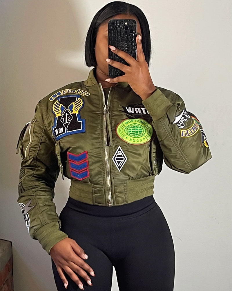 Patch Signal Cropped Varsity Bomber Jacket