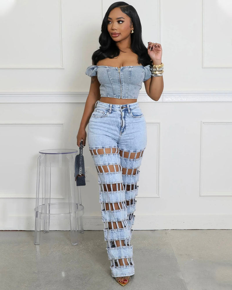 Light-wash cutout denim jeans and matching crop top, full front view