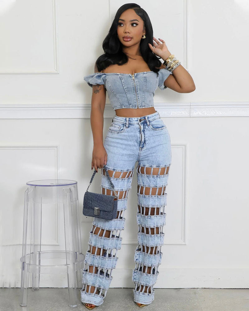 Light-wash cutout denim jeans and matching crop top, front view