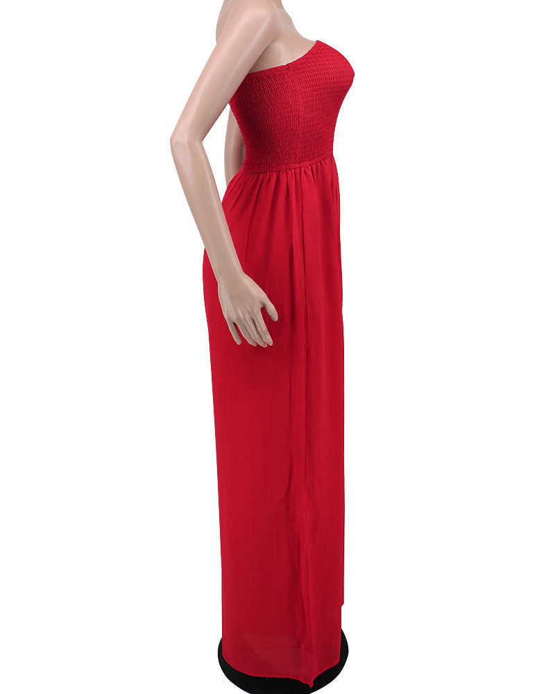 Red strapless wide-leg jumpsuit, product side view