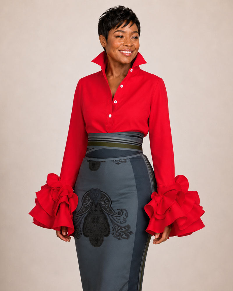 Red button-front shirt with layered ruffle cuffs, front view