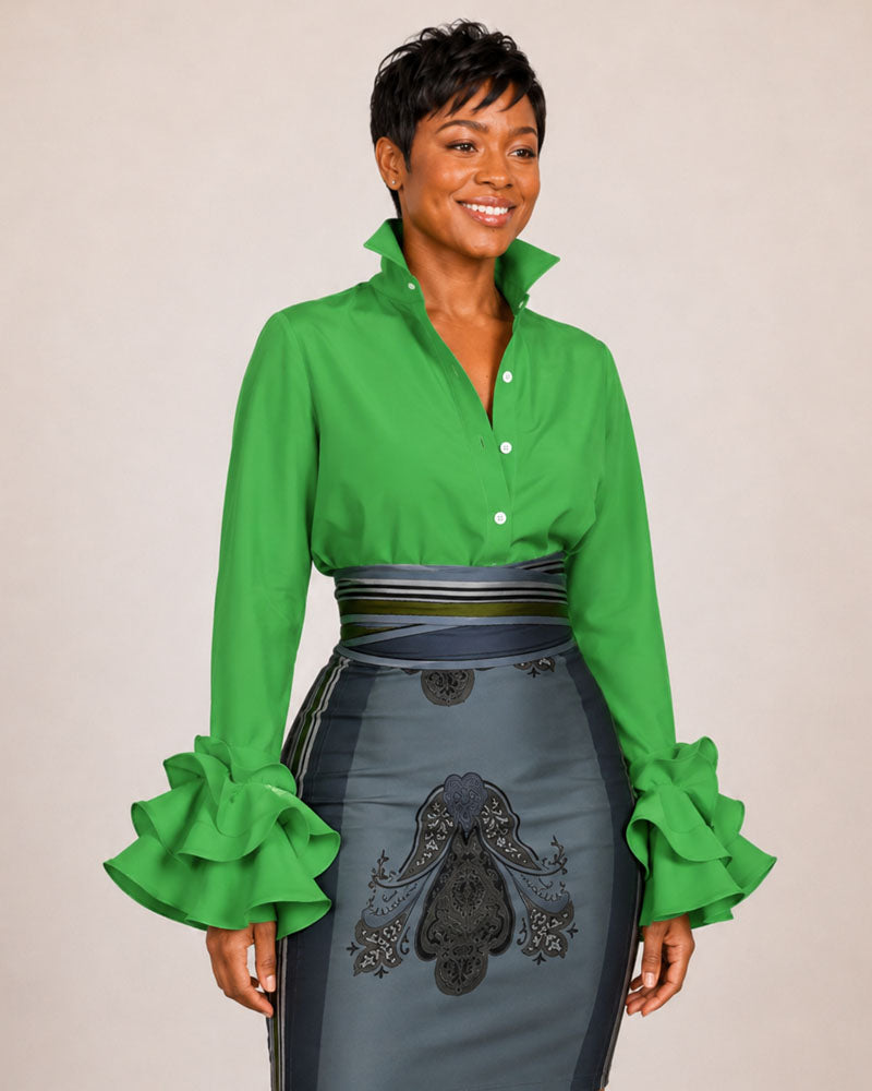 Green button-front shirt with layered ruffle cuffs, front view