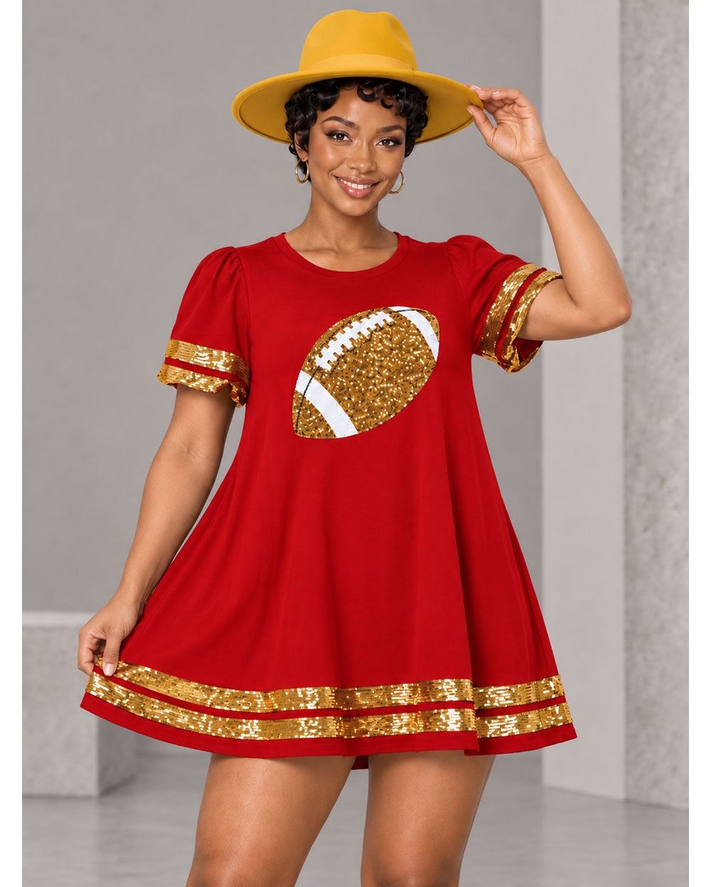 Red sequin football tunic dress, front view