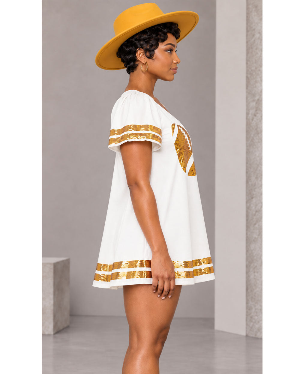 White sequin football tunic dress, side view