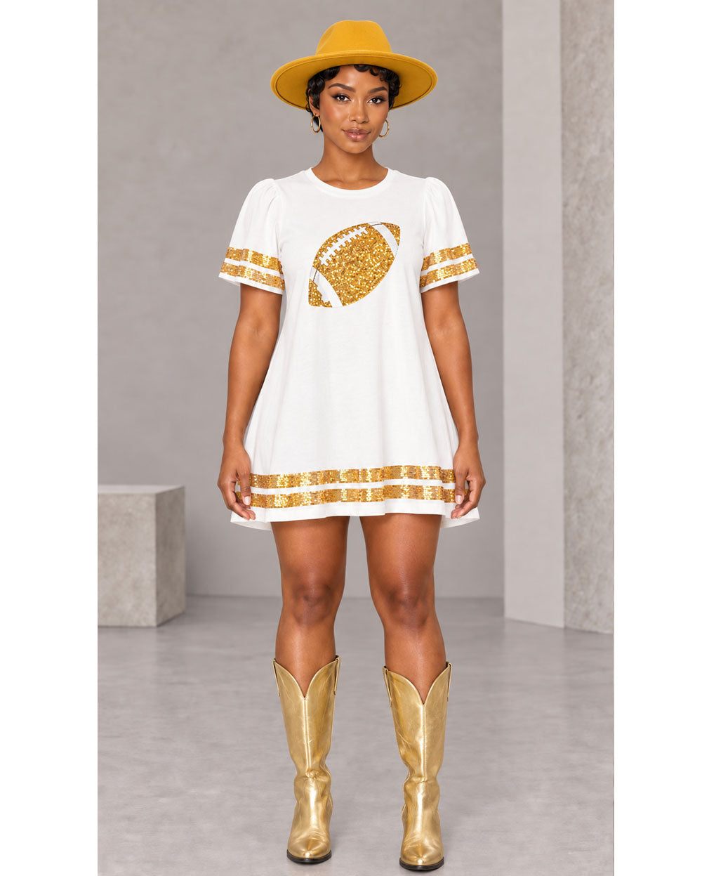 White sequin football tunic dress, full-length front view