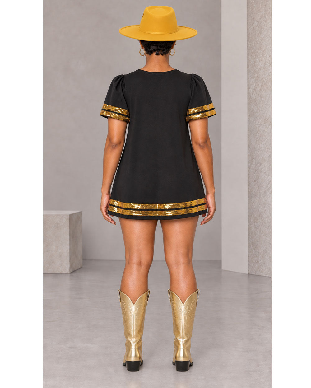 Black sequin football tunic dress, back view