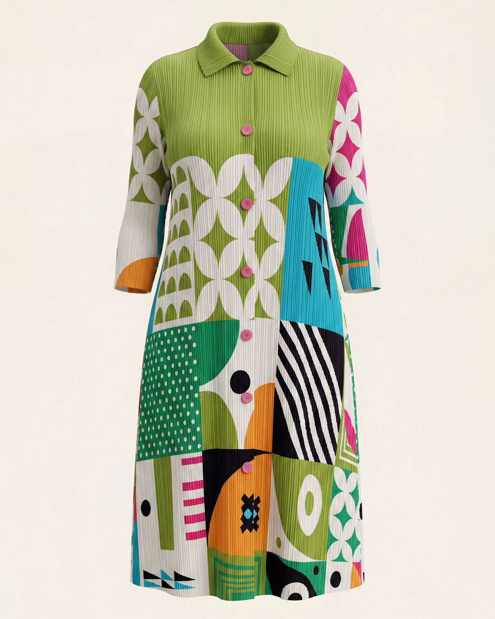 Green multicolor geometric pleated midi dress, product view
