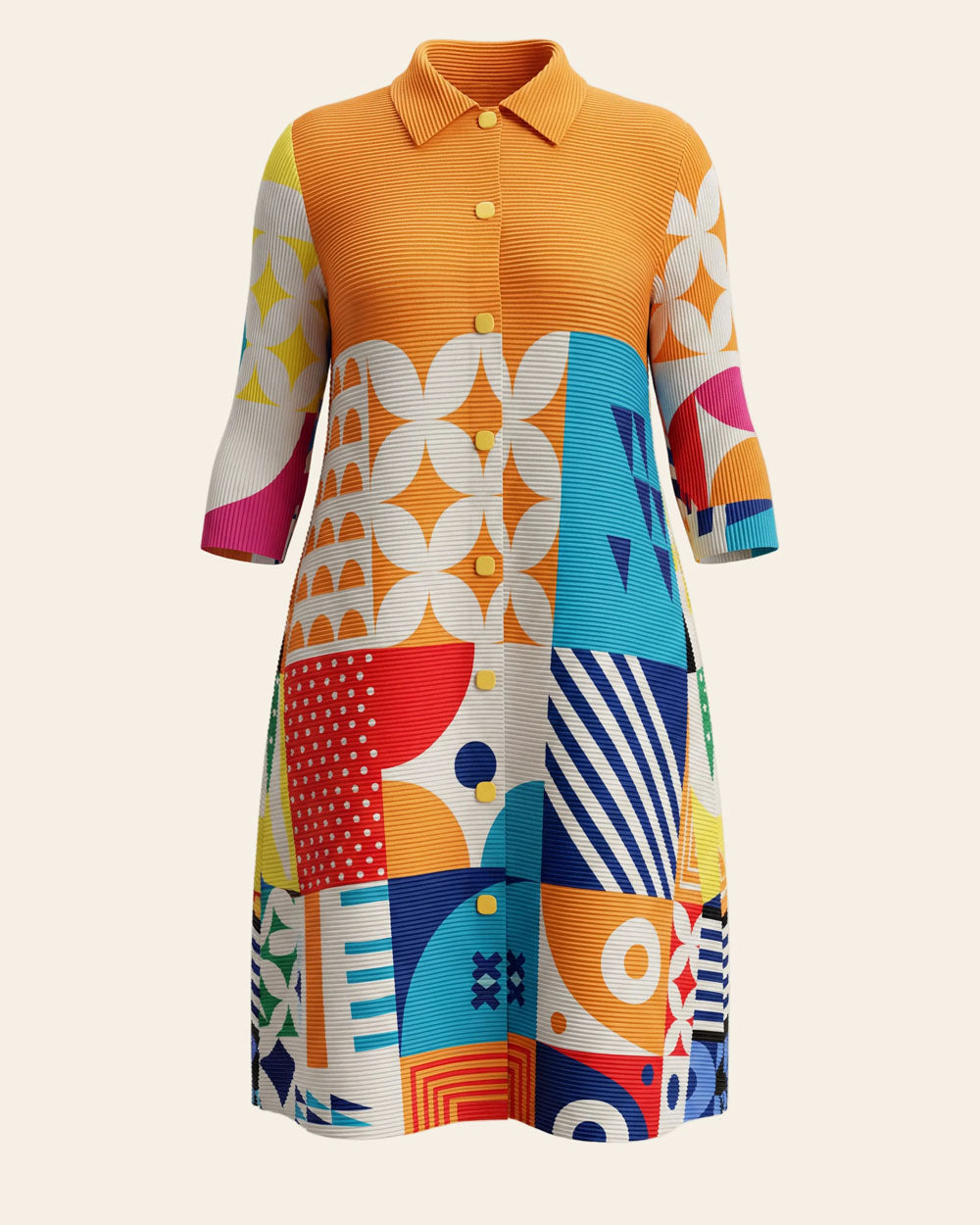 Orange multicolor geometric pleated midi dress, product view