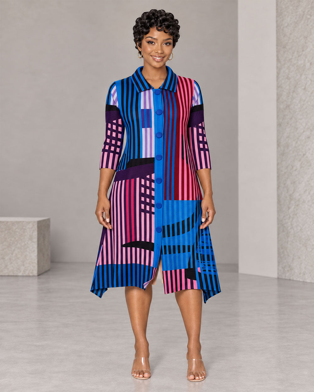 Purple multicolor patchwork pleated midi dress, front view