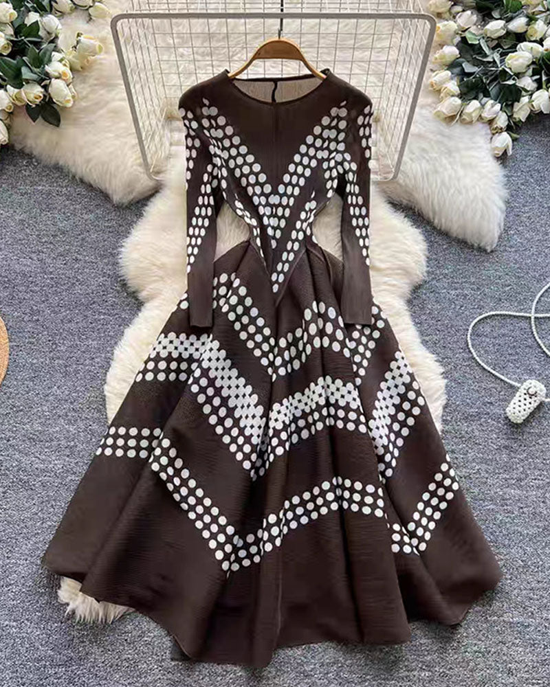 Coffee zigzag pleated maxi dress displayed on hanger