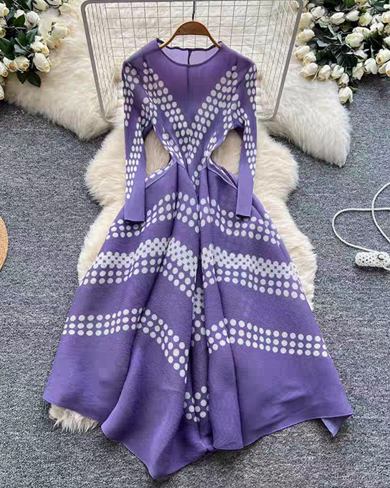 Purple zigzag pleated maxi dress displayed on hanger