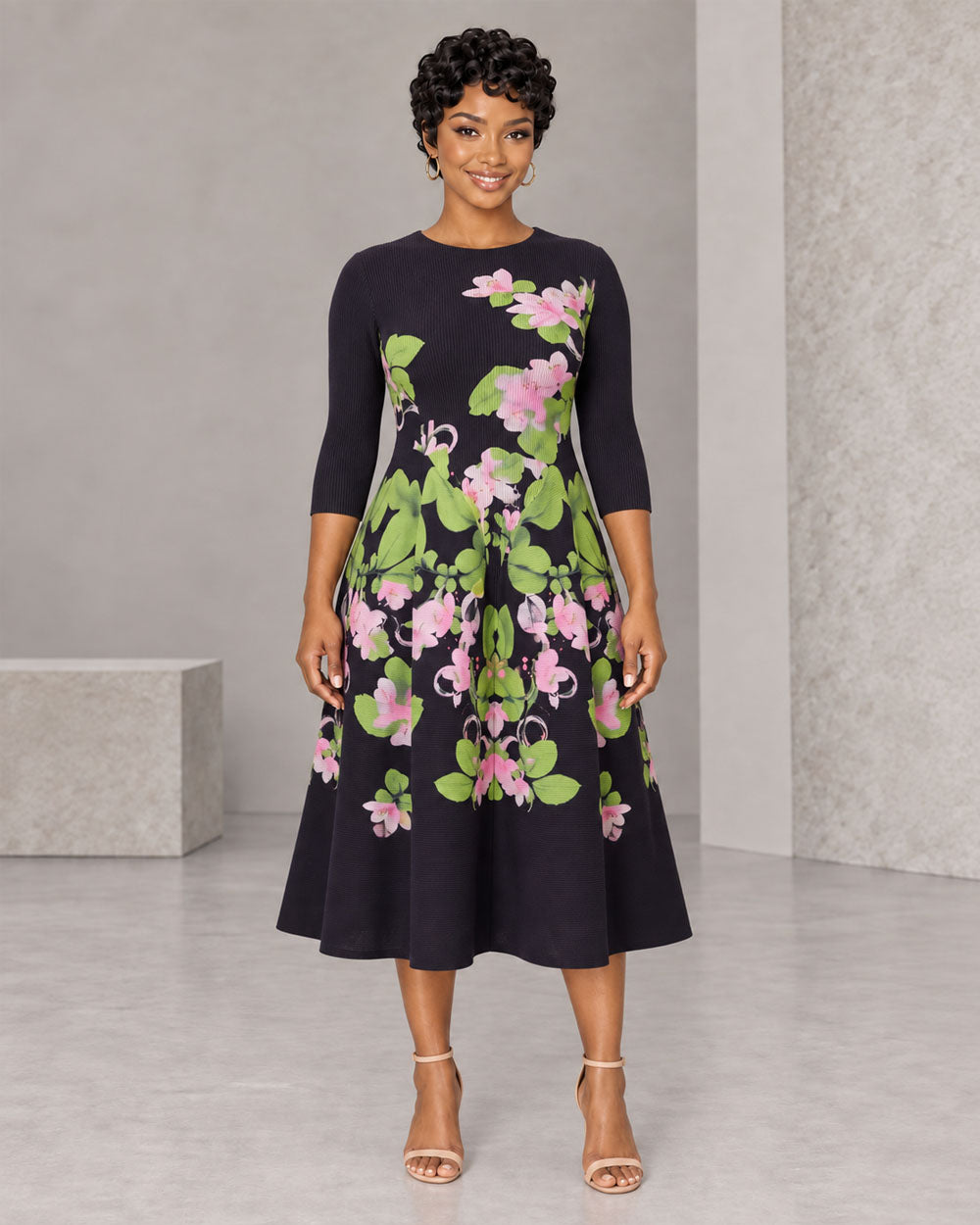 Black floral A-line midi dress, front view