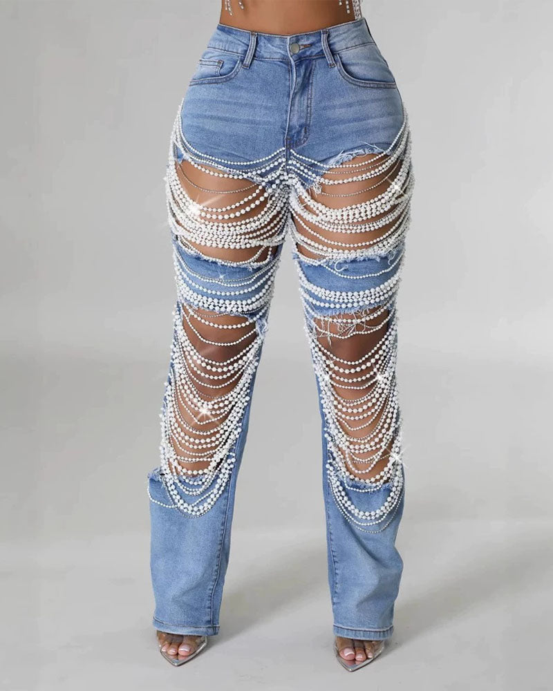 Strand Play Pearl Rhinestone Denim Jeans