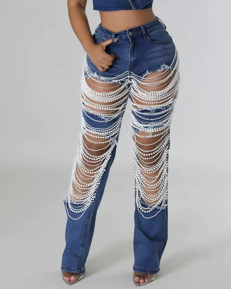Strand Play Pearl Rhinestone Denim Jeans