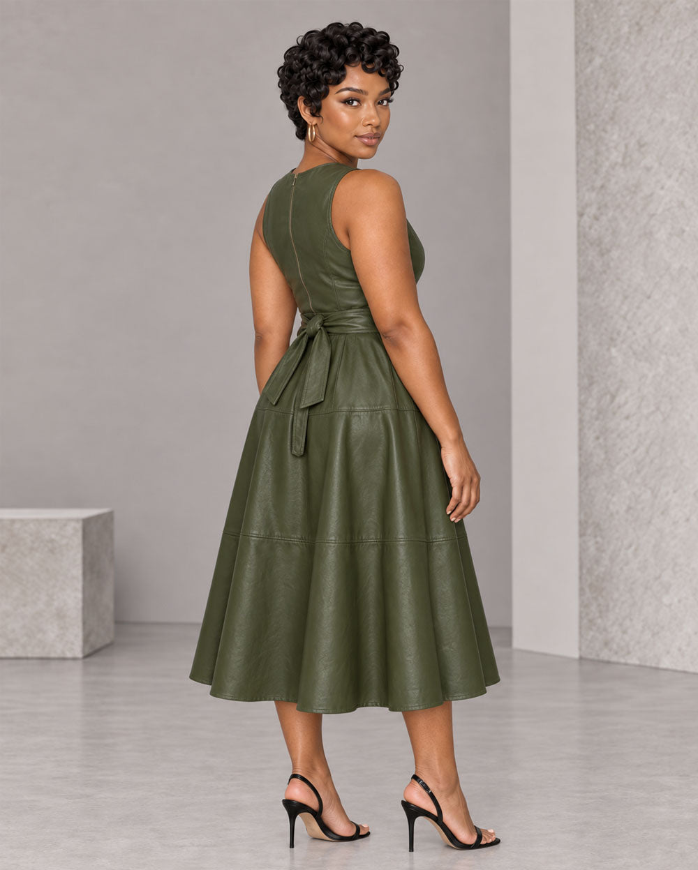Olive leather-look fit-and-flare midi dress, side view