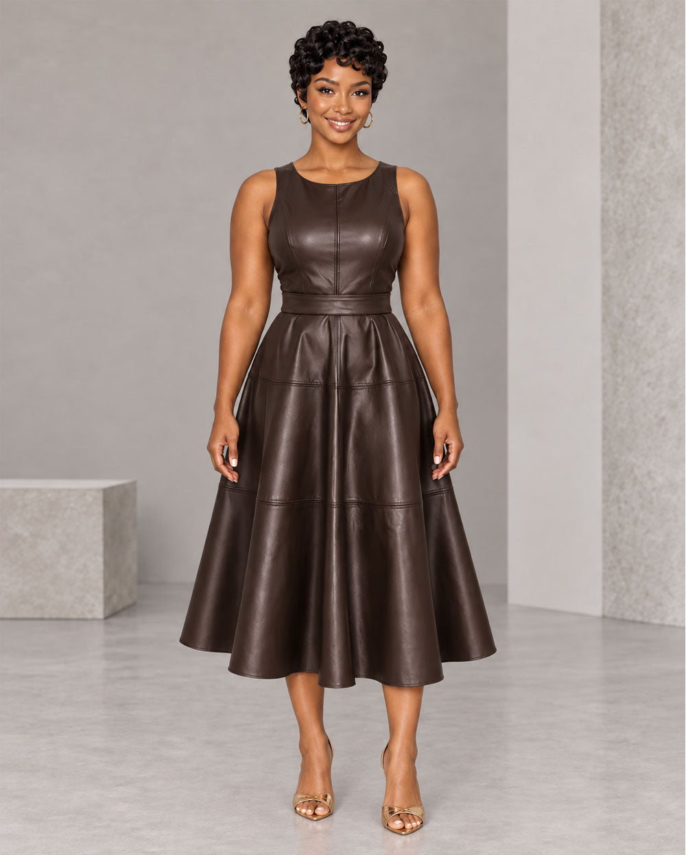 Coffee leather-look fit-and-flare midi dress, front view