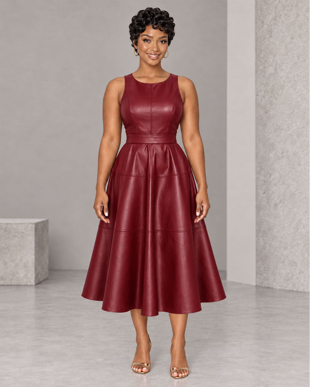 Burgundy leather-look fit-and-flare midi dress, front view
