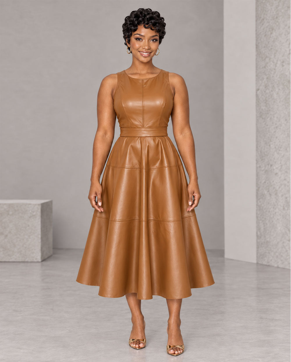 Cognac leather-look fit-and-flare midi dress, front view