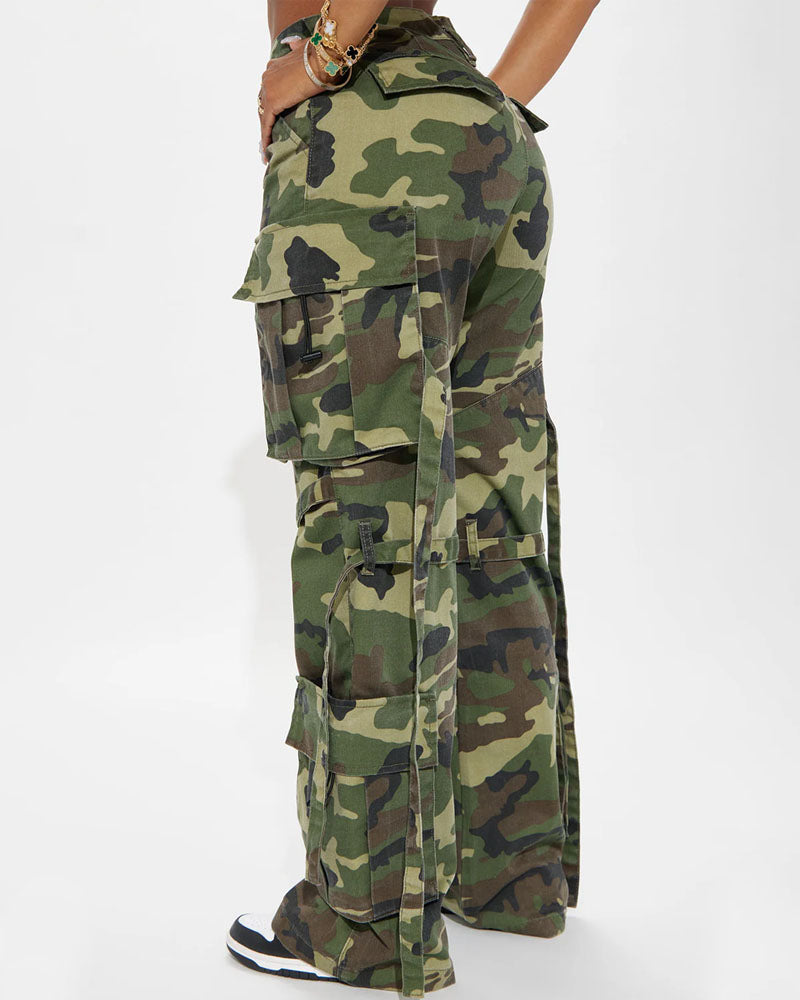 Strap Track Wide-Leg Camo Cargo Pants