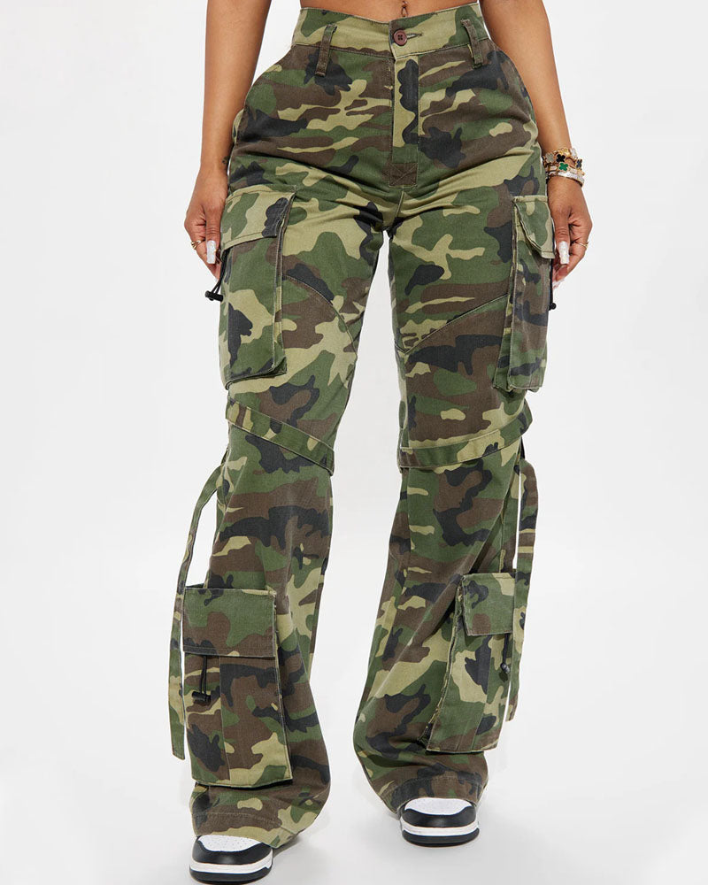 Strap Track Wide-Leg Camo Cargo Pants
