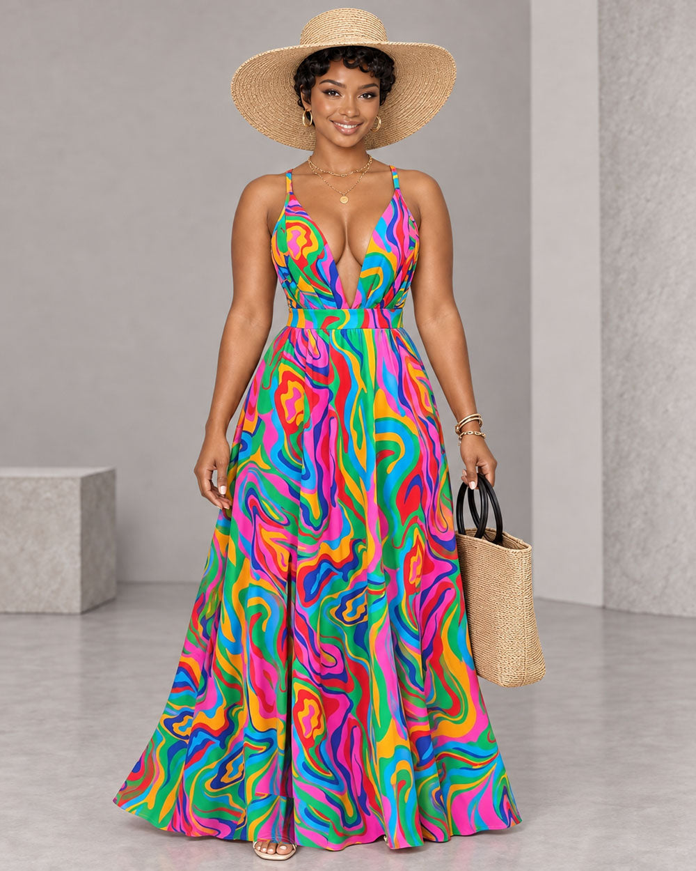 Multicolor abstract tall-friendly maxi dress, front view