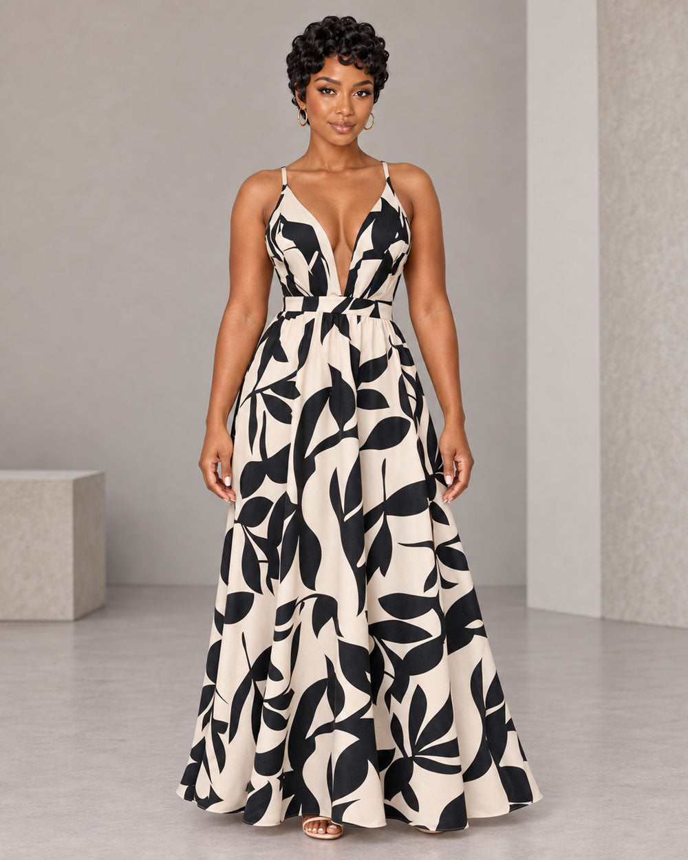 Black and cream abstract tall-friendly maxi dress, front view