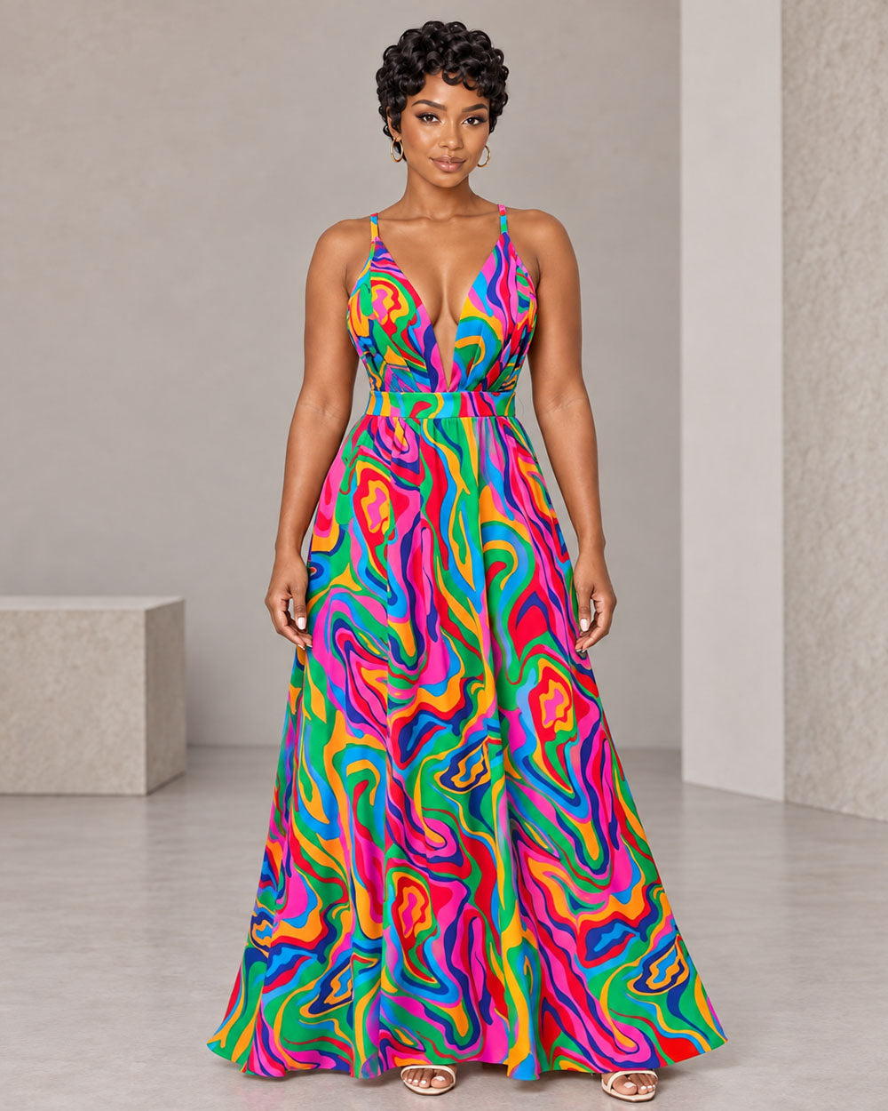 Multicolor abstract tall-friendly maxi dress, three-quarter view