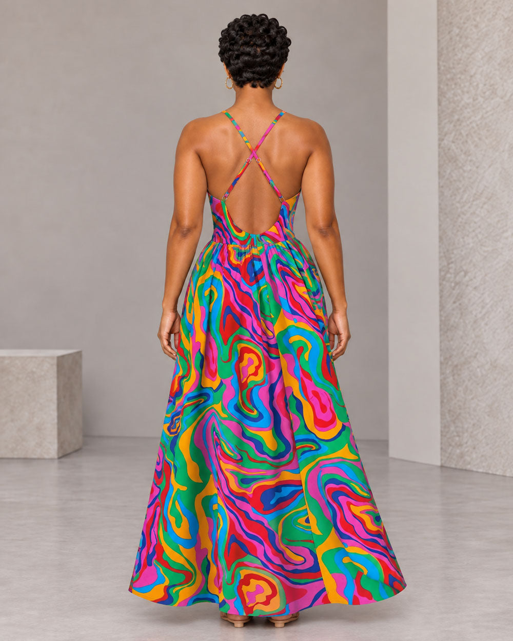 Multicolor abstract tall-friendly maxi dress, back view