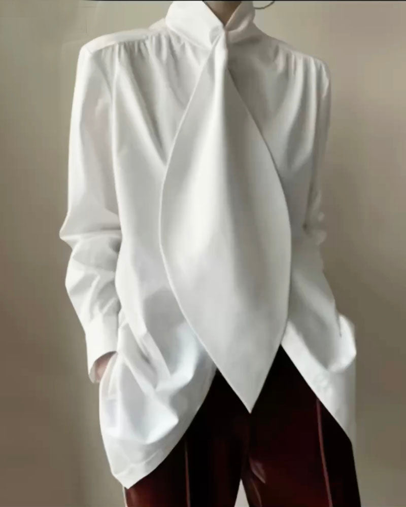 White oversized tie-front shirt, product front view