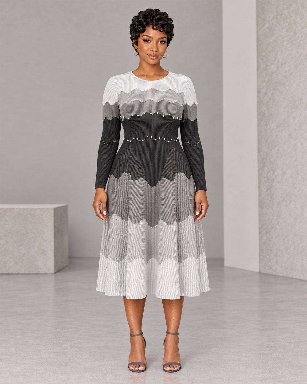 Black and gray gradient pearl-detail midi dress, front view