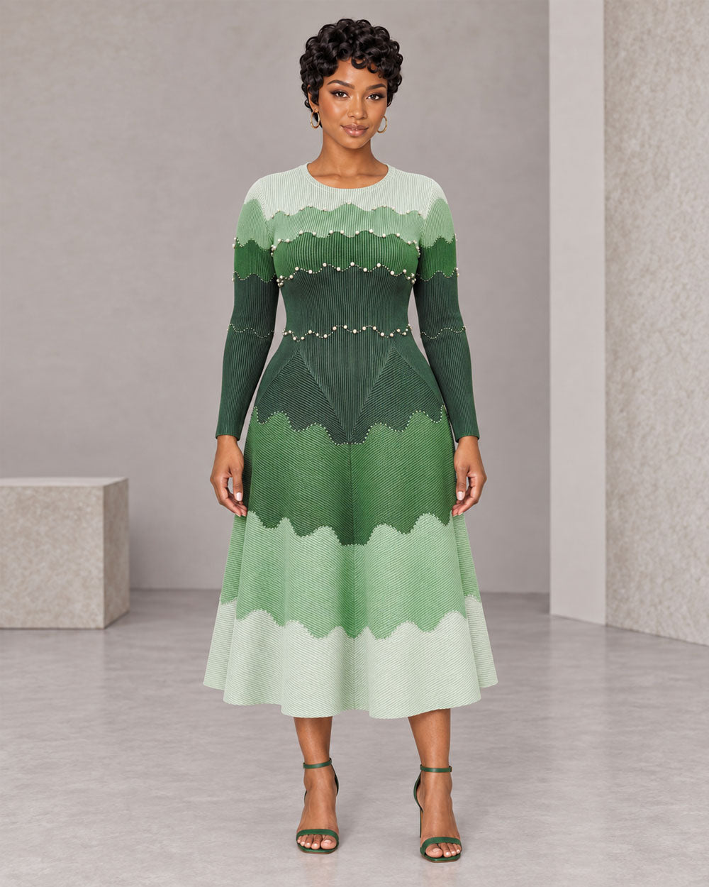Green gradient pearl-detail midi dress, front view