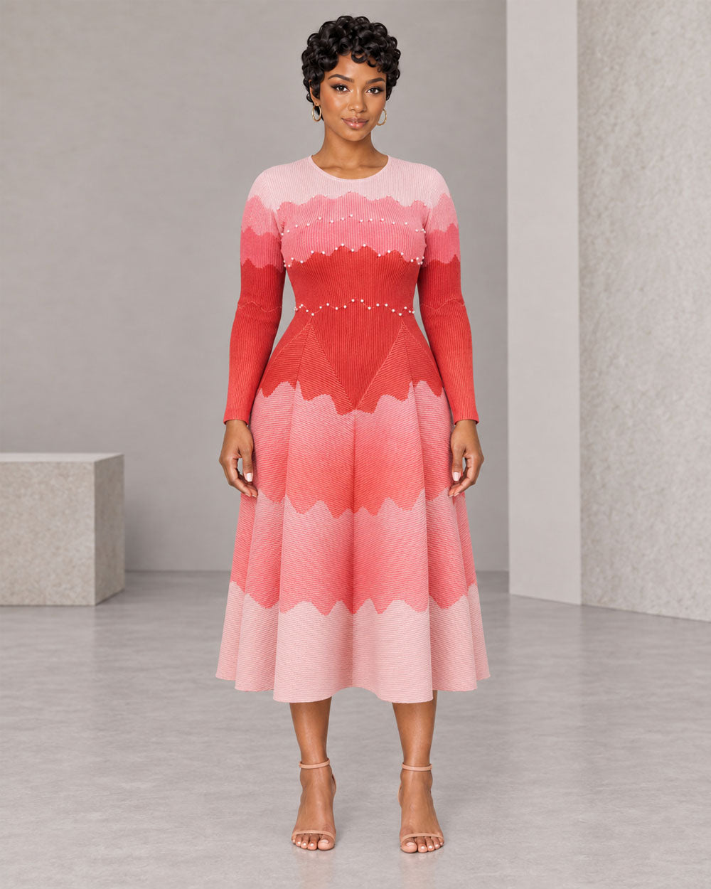Red and pink gradient pearl-detail midi dress, front view