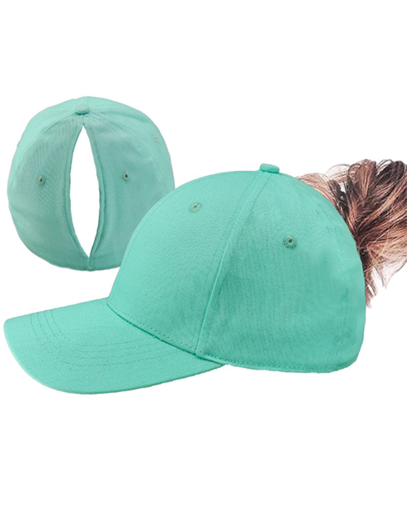 Lime green magnetic ponytail baseball cap, front and back views