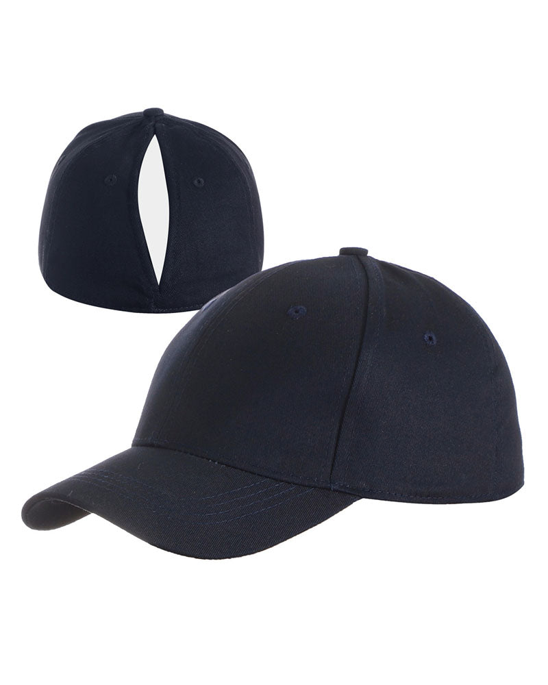 Navy magnetic ponytail baseball cap, front and back views