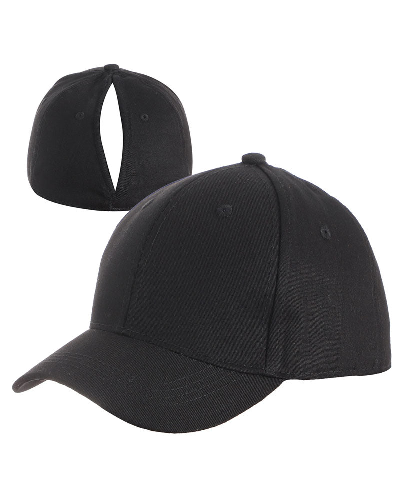 Black magnetic ponytail baseball cap, front and back views