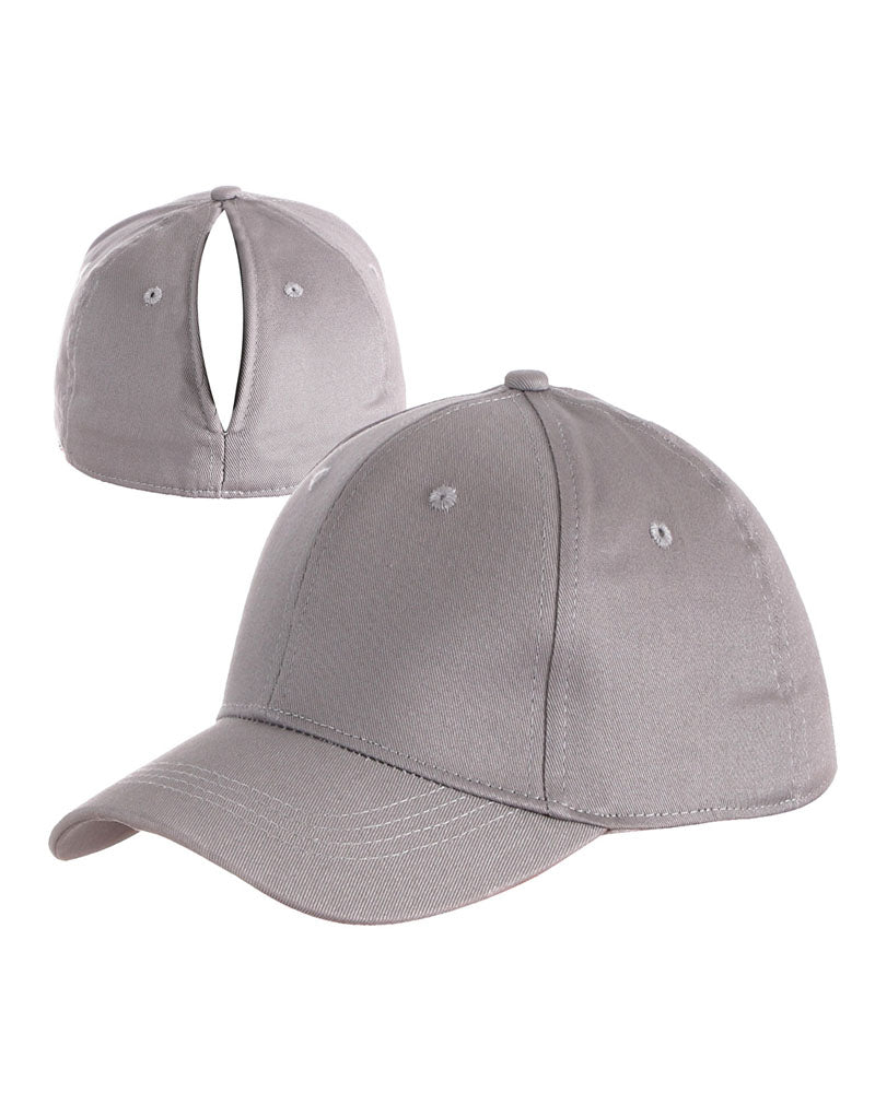 Gray magnetic ponytail baseball cap, front and back views